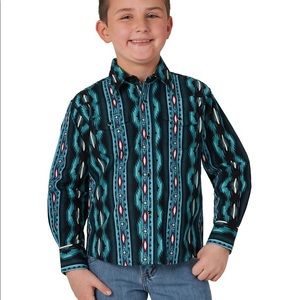 Wrangler Boys' Teal Striped Checotah Print Long Sleeve Western Shirt